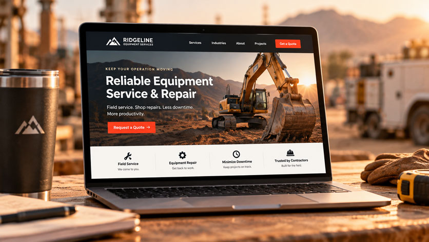 Professional equipment service website on a laptop